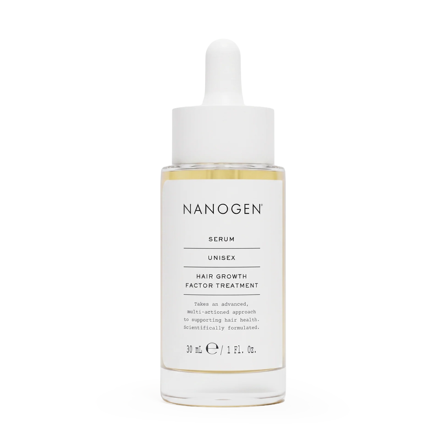 NANOGEN Serum Hair Growth Factor Treatment in a clear glass bottle with a white dropper cap 