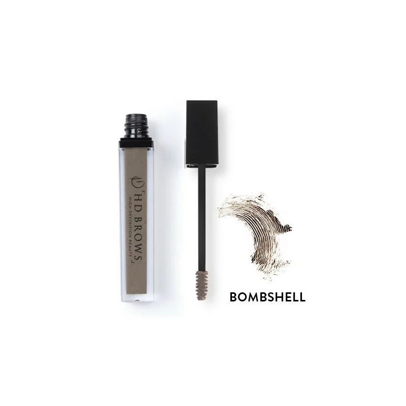 HD Brows Brow Colourfix Bombshell tūbelė, šepetėlis ir atspalvio pavyzdys
